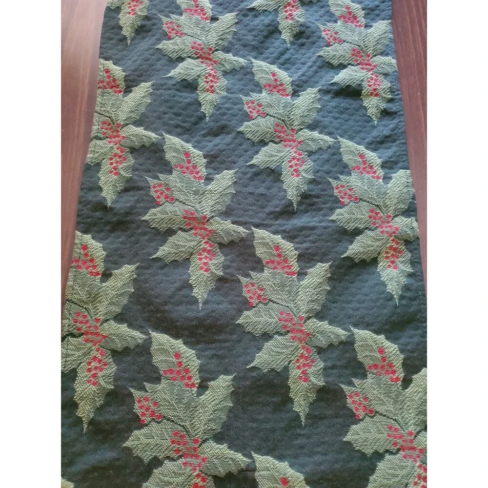 Table Runner Holly Tapestry Green Red Tassles 12